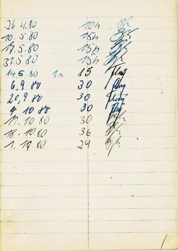 Liniertes Blatt mit tabellarischen handschriftlichen Eintragungen