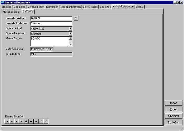 Screenshot FIPS'cam Bauteile-Bibliothek, Zuordnung fremder Artikel